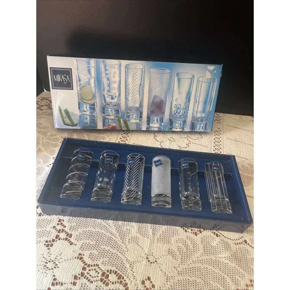 Mikasa CHEERS Collection Set 6 Etched Designs Crystal Shot Glasses 4